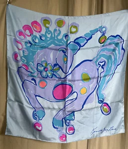 Kenneth Jay Lane UNICORN Jewels Square Silk Scarf Large Blue Pink  Japan 60s 70s - Picture 1 of 12