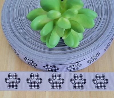 7/8" (1YD) Black & White Buffalo Plaid Dog Paw Print Ribbon Animal Dog Collar - Image 1 of 2