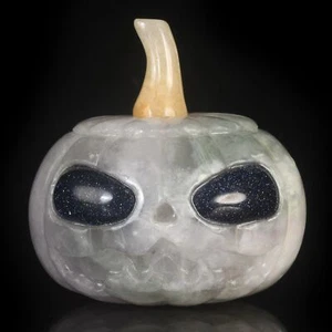3.03" Natural Fluorite Pumpkin Skull Carving halloween Decoration gift, #37E29 - Picture 1 of 8