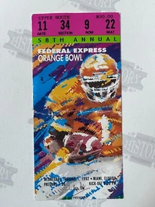 1992 Orange Bowl Ticket 1/1/92 Miami Hurricanes Nebraska Cornhuskers - Picture 1 of 2
