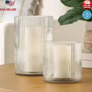 Medium Hurricane Heat Resistant 5" Clear Glass Ribbed Candle Holder New - Picture 1 of 10