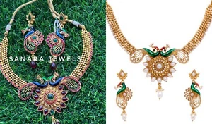Pendientes collar de perlas Kundan chapado en oro indio Bollywood para mujer joyería de boda - Imagen 1 de 8