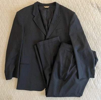 DONNA KARAN SIGNATURE 意大利制造复古 3 按钮精细条纹羊毛套装 46 R — 第 1/4 张图片