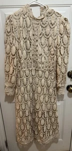 New Womens Light Brown Crochet/Lace Overlay L/S Mid Calf Dress Med - Picture 1 of 2