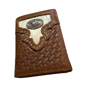 Cartera de cuero Western triple pliegue para hombre - tejido de canasta tooled con pelo de vaca incluido... - Imagen 1 de 8