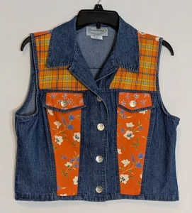 STONEBRIDGE Vintage Blue Denim & Floral Orange Sleeveless Button Vest; Size M - Picture 1 of 5