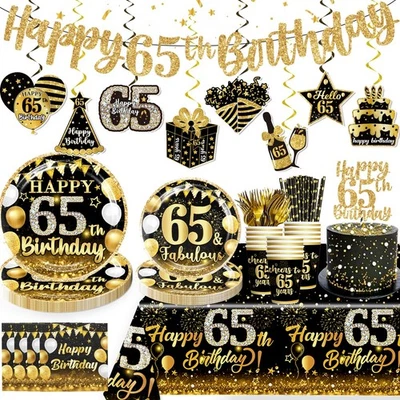 170 piezas Decoraciones de cumpleaños 65 para hombre y mujer, platos gruesos de 300 gsm 2 pestañas... Foto 1 de 4