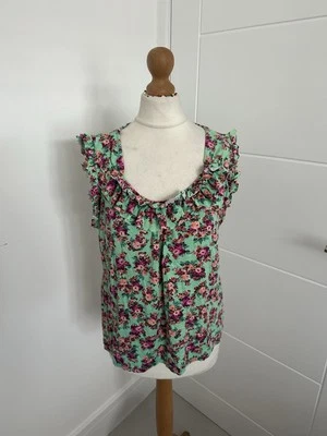 Women’s BHS green Floral Ruffle Sleeveless Summer Top Size 16 Petite Slim Fit  - Image 1 of 4
