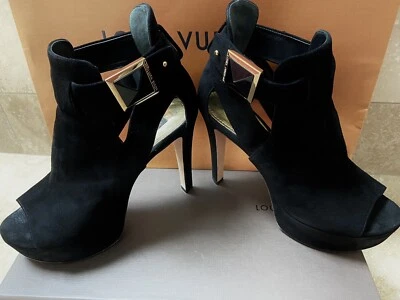 Louis Vuitton Sexy High Ankle Bootie Black Suede Peep Toe  Sz 7 Euro 37 - Image 1 of 4