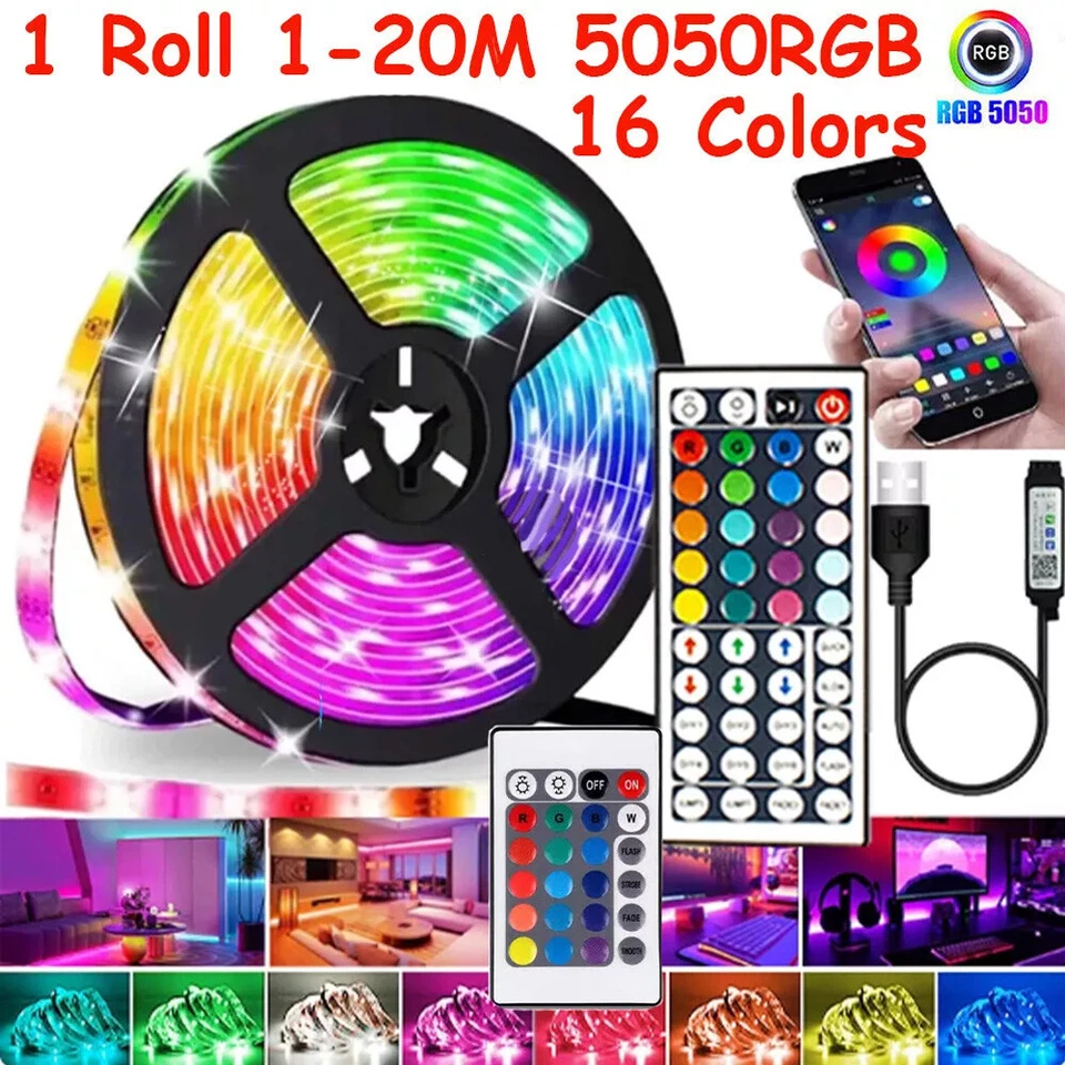 TOP5A-UK 1-20m LED Strip Lights RGB 5050 Colour Changing Tape Cabinet Kitchen TV Lighting