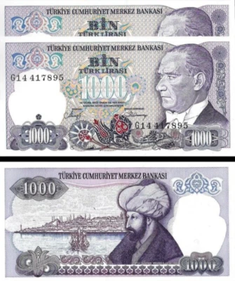 Turkey 1000 Lira  1970 (1986 ), UNC, 2 Pcs PAIR, Consecutive, P-196, Prefix G - Image 1 of 4