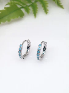 925 Sterling Silver All Around Turquoise Huggie Hoop Earrings Womens 13mm/10mm - Picture 1 of 11