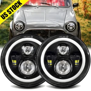DOT 7'' Round Black LED Headlights Halo Hi/Lo Beam for Classic Mini Austin Rover - Picture 1 of 8