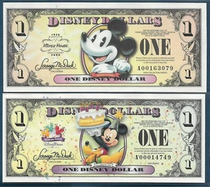 Disney Dollar $1 Mickey 2 Pcs Lot, 2008 2009, Prefix A / 5 Digits, UNC - Picture 1 of 2