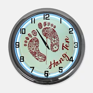 18" Hang Ten Feet Metal Sign Designed White Neon Clock - Picture 1 of 6