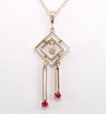 VTG Antique Lavalier 10K Rose Gold Mine Cut Diamond Ruby Pendant Necklace LNF2 - Image 1 of 4