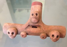 Small Collectible Aztec Ritual Whistle w/ 3 Skulls Handmade.Clay, Halloween Gift
