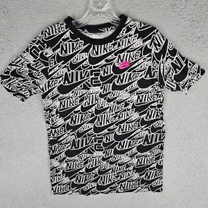 Nike Sportswear Tee Shirt Boys XL Black Swoosh Logo All Over Print Short Sleeve - Picture 1 of 9
