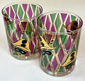VTG Set of 2 CULVER MARDI GRAS Harlequin Mask Rocks Glasses 22K Jewel Tone - Picture 1 of 5