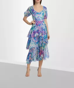 Abito Marchesa Notte da donna blu chiffon floreale tiere MIDI da $515 taglia 4 - Foto 1 di 18