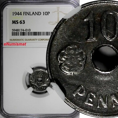 Finland Iron 1944 10 Penniä NGC MS63 WWII Issue KM# 34.1 (010) - Image 1 of 4