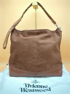 Vivienne Westwood Shoulder Bag Tote Brown Suede Orb Logo Leather Strap - Picture 1 of 13