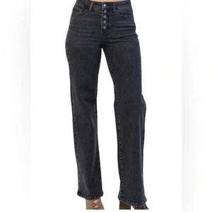 Judy Blue Women’s Button Fly High Rise Wide Leg Black Denim Jeans Size 7/28 - Picture 1 of 14