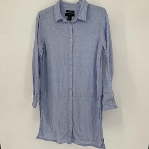 Tahari 100% Linen Blue Button Up Shirt Tunic Top Medium Lagenlook Long Blouse - Picture 1 of 15