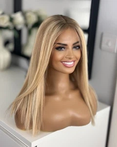 π©· Glueless Highlighted Honey Warm Blonde Roots Lace Bob 16β 100% Human Hair Wig - Picture 1 of 22