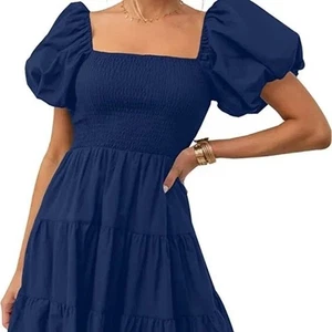 ZESICA Maxi Dress SZ M Blue Puff Sleeves Ruched Bodice Flowy Tiered Boho Peasant - Picture 1 of 10