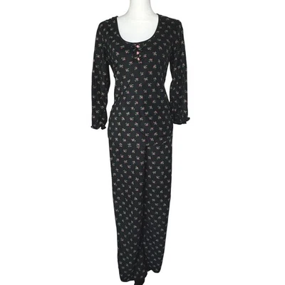 BETSEY JOHNSON Womens Small Black Pink Floral Soft Fleece Long Sleeve Pajama Set - Image 1 of 4