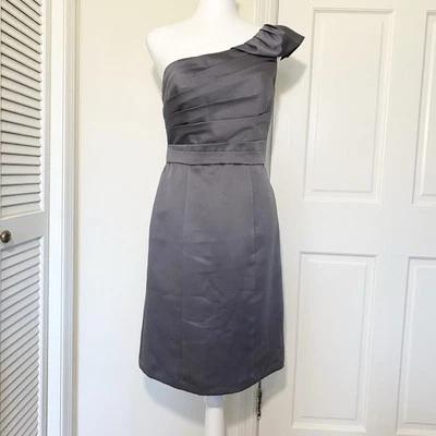 ALFRED ANGELO Satin One Shoulder Ruched Sheath Dress Womens 4 Gray Formal Party - Image 1 of 4