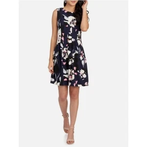 Vince Camuto Floral Navy Pleated Fit & Flare Dress Size 6 NWT - Picture 1 of 9