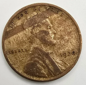 1930 P Lincoln Wheat Cent Wood Grain Woody Planchet Flaw OBV VF Mint Error Penny - Picture 1 of 5