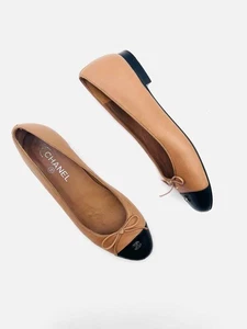Chanel Size 11 Brown/Black Cap Toe Lamb Leather Shoes Flats - Picture 1 of 9