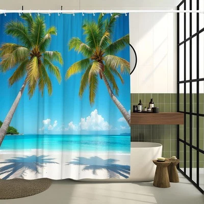 Cortina de Ducha de Playa Tropical Palmeras Escena del Océano Azul Turquesa Agua Sum... Foto 1 de 4