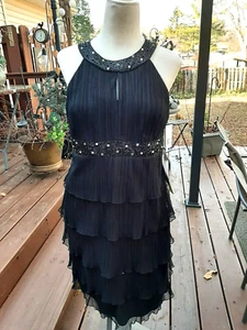 Vtg JESSICA HOWARD BLACK RUFFLE LACE OVERLAY DRESS NWT Sz 14 Beaded Keyhole - Picture 1 of 10
