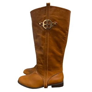 NWB Iman Women Brown Leather Upper Signature Logo Riding Boots Zip High Size 8M - Bild 1 von 7