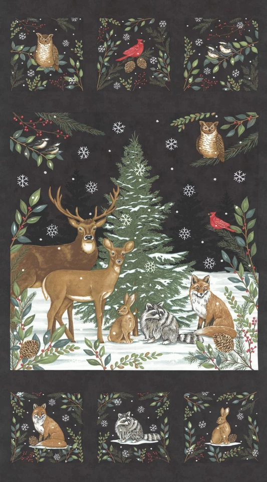 MODA FABRICS56099 17 "WOODLAND WINTER BLACK"PANEL 24"X44" BTP - Image 1 of 1
