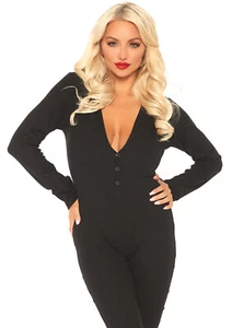 Leg Avenue Cozy Brushed Rib Long Johns with Back Flap, Black, X-Large - Picture 1 of 2