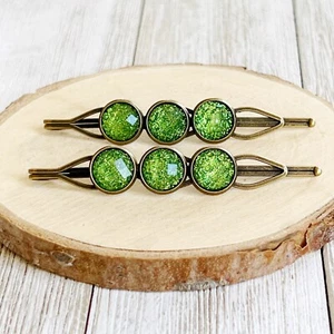 Green Glitter Rhinestone Hair Pins for Women Cute Bobby Pin Hair Clip Set of 2 - Picture 1 of 9
