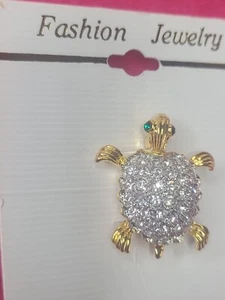 Turtle Shaped Rhinestone Brooch Pin Gold Tone Sparkly Jewelry Accessory - Picture 1 of 5