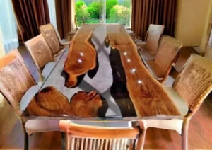 Sofá central de resina epoxi transparente hecho a medida mesa de comedor mesa de madera de acacia - Imagen 1 de 11