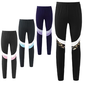 Kids Girls Tights Pants Sports Sweatpants Colorblock Sports Bottoms Dance Yoga - Picture 1 of 41