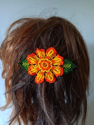 Beaded Barrette 3D Flower Boho Hippie Hair Clip Guatemalan Beadwork  - Image 1 of 4