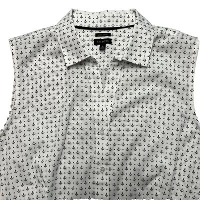 Talbots Anchor Novel Print White Button Up Sleeveless Tank Top Women 16 Nautical - Image 1 of 4