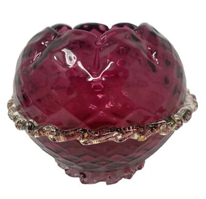 Vintage Bohemian Czech Glass Red Rose Bowl Clear Rigaree Trim - Picture 1 of 11