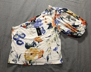 Express Blouse Women's S Feminine Floral One Shoulder Puff Sleeve Occasion White - Picture 1 of 7