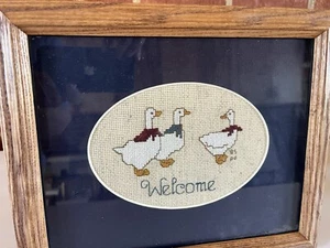 Completed Cross Stitch Framed Matted “Welcome” Ducks/Geese Country Farmhouse - Picture 1 of 8