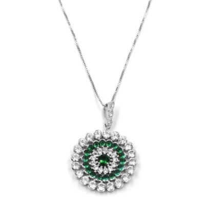 Collana con Ciondolo Tondo in Argento 925 e Zirconi Verdi e Bianchi  - Immagine 1 di 3